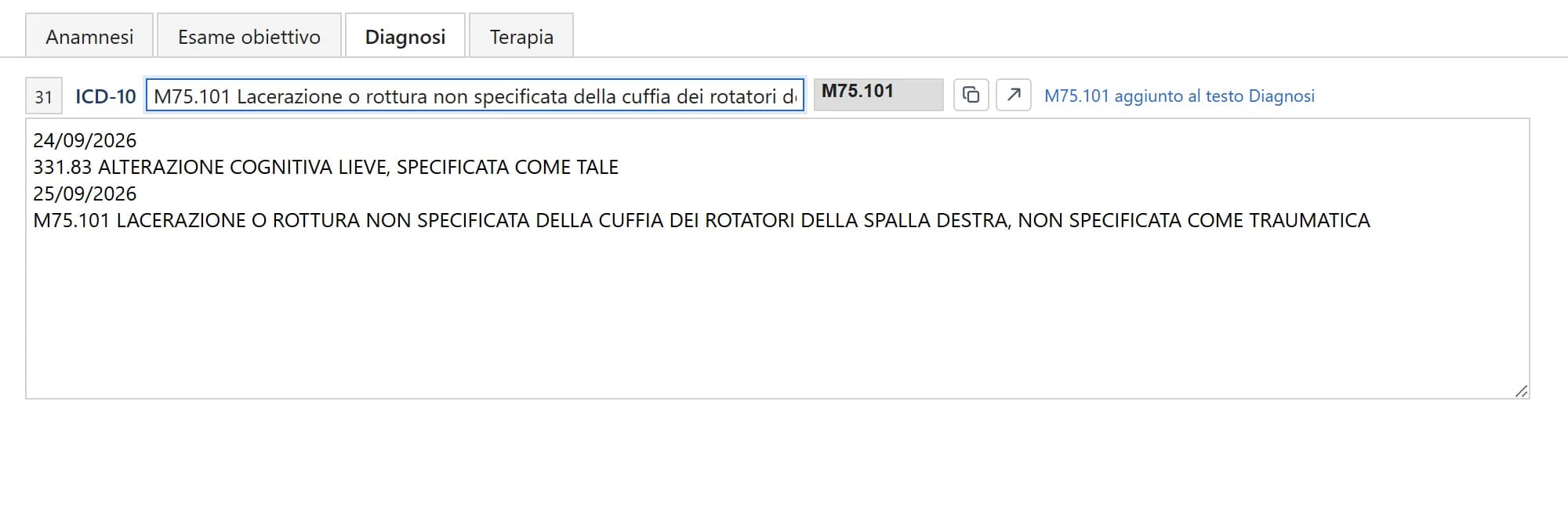 The case report after the click: the date, the code and its title added to the diagnosis text