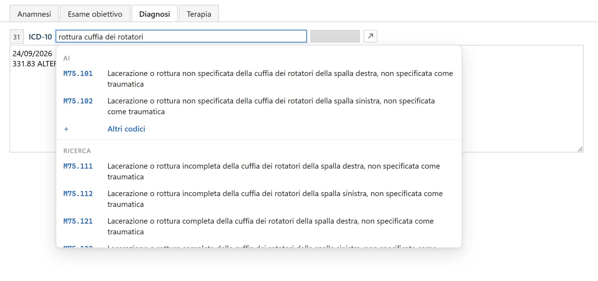 The case report with the ICD-10 field answering “rottura cuffia dei rotatori” with rotator cuff codes for each side