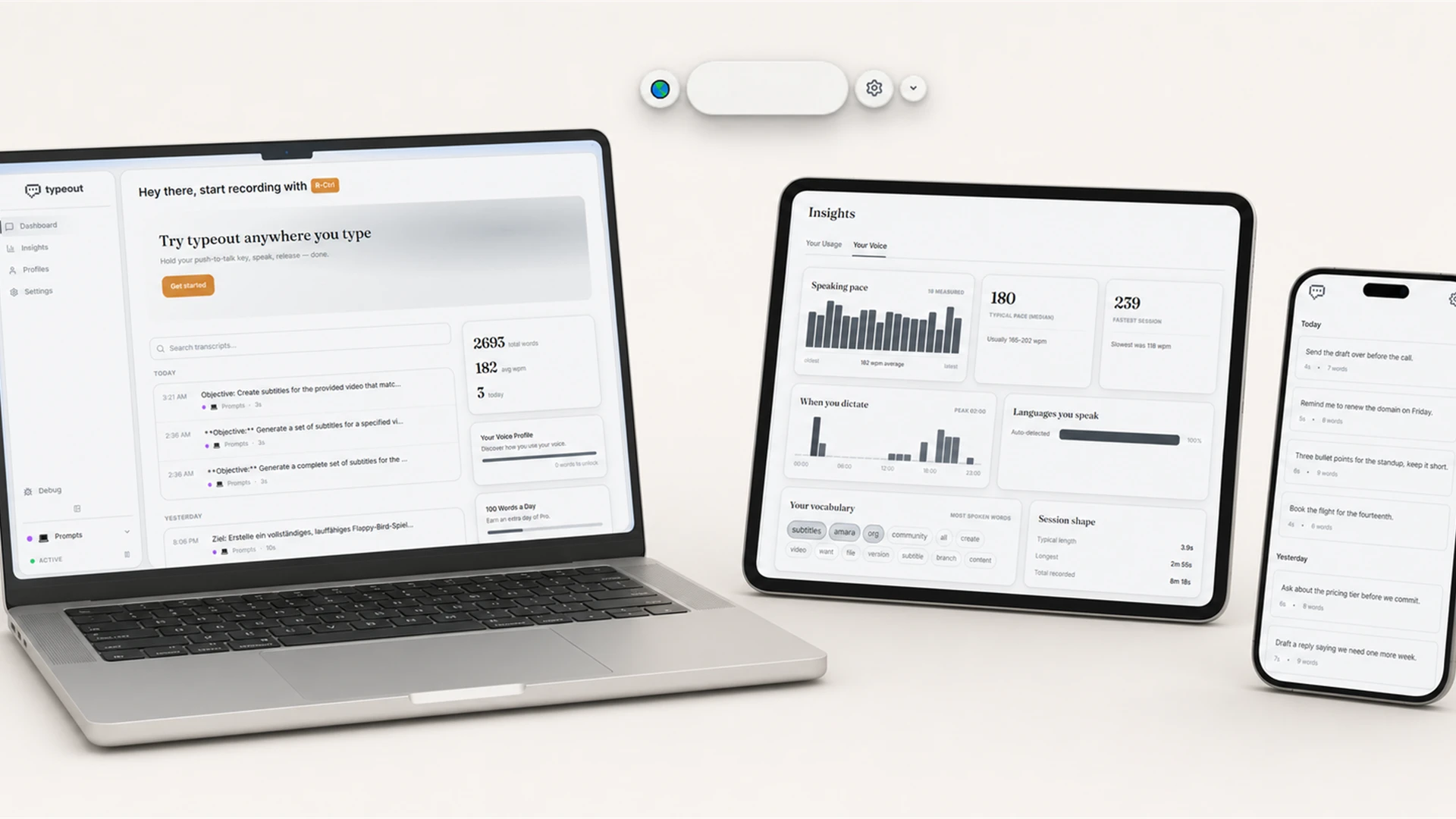 Two screens side by side: the dictation app's dashboard with its push-to-talk control and recent transcripts, and a messaging app receiving dictated text as it is spoken.