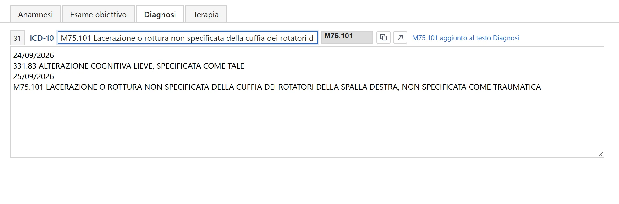 The case report after the click: the date, the code and its title added to the diagnosis text