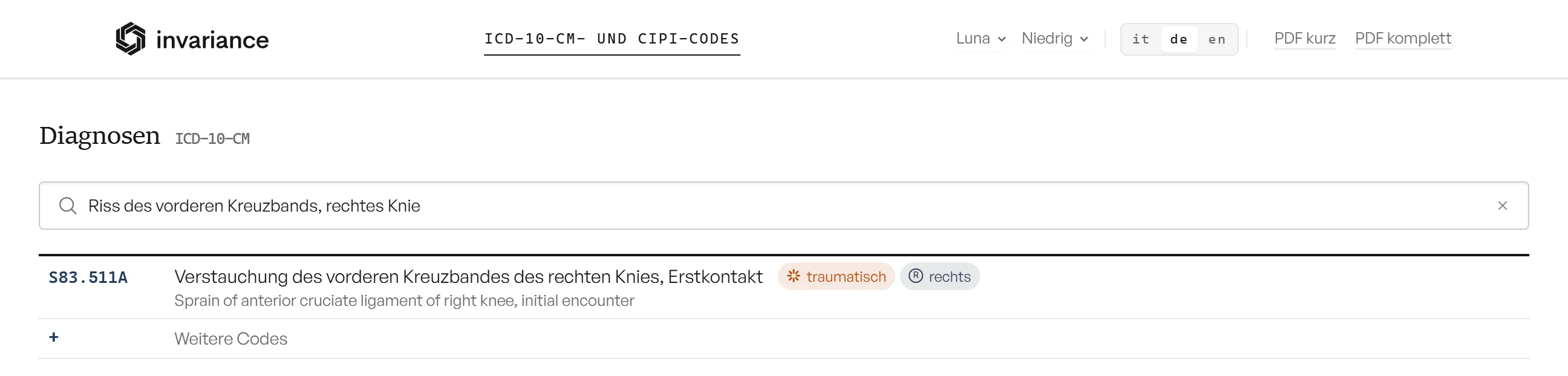 The German interface answering a question about a torn anterior cruciate ligament of the right knee
